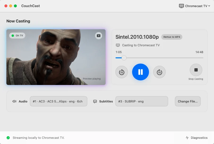 CouchCast playing Sintel to a Chromecast, with a colored streaming glow, transport controls, and audio and subtitle pickers